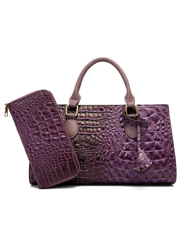 Women's Embossed Crocodile Pattern Shoulder Messenger Bag With Matching Purse