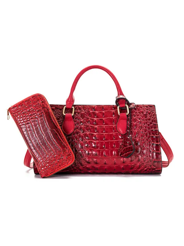 Women's Embossed Crocodile Pattern Shoulder Messenger Bag With Matching Purse