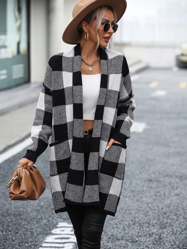 Women's Open Front Plaid Knit Cardigan